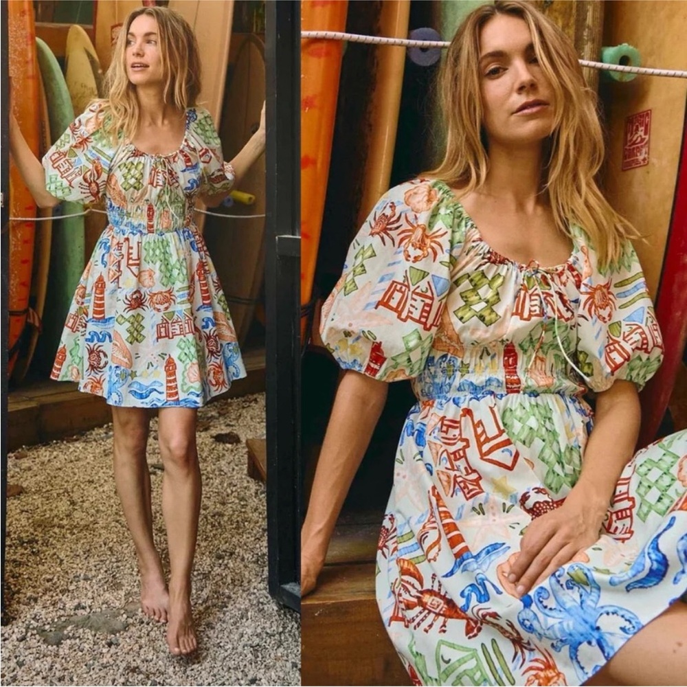 NWT Hunter Bell Drew Mini Dress Crab Tropical Coastal Beach Shell Print Cotton